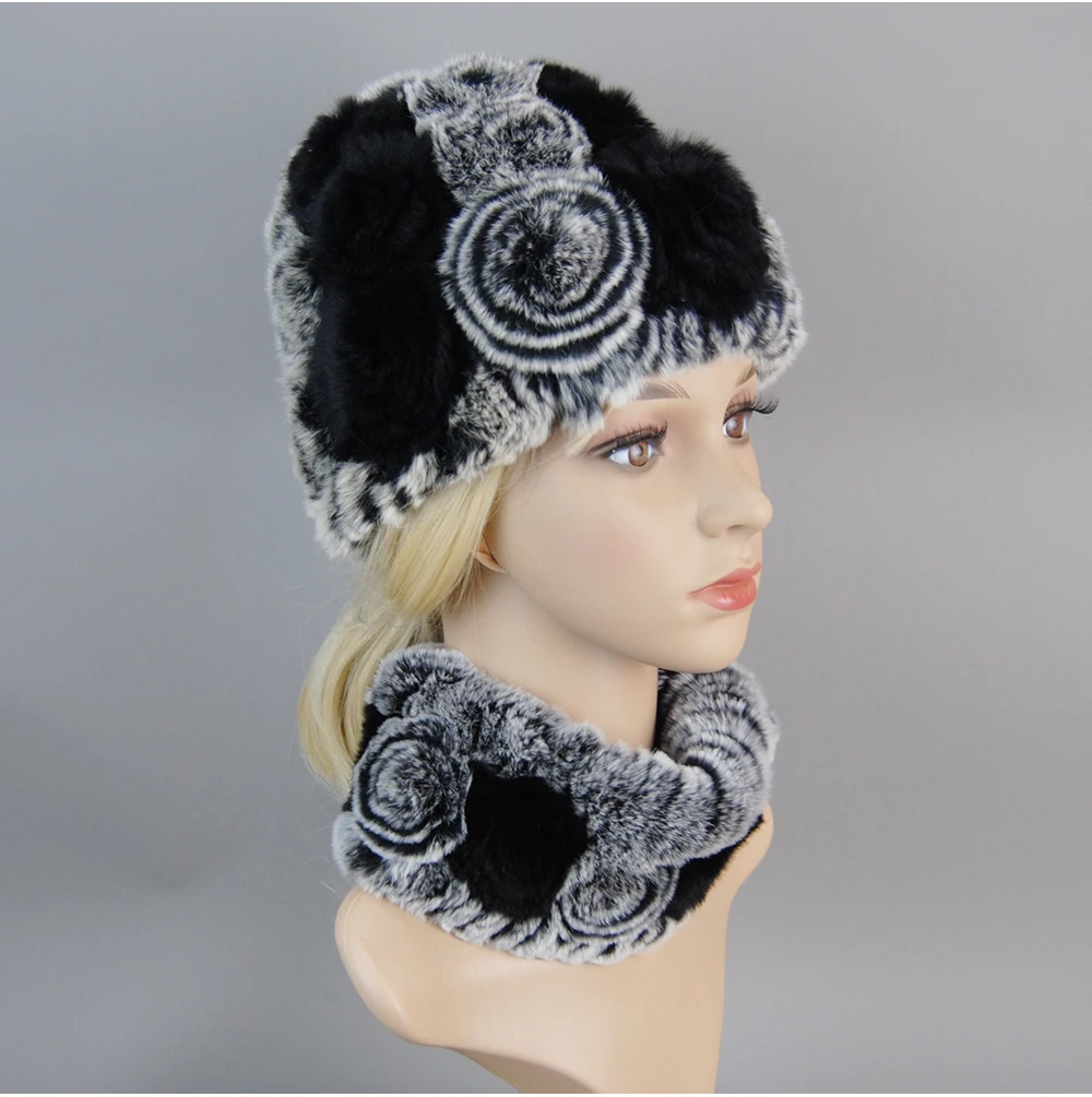 Women Knit Real Rex Rabbit Fur Hat Scarf Sets Natural Warm Rex Rabbit Fur Scarves Hat Winter Lady Real Rex Rabbit Fur Hat Scarf
