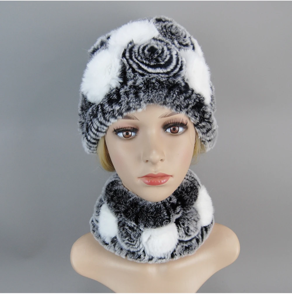 Women Knit Real Rex Rabbit Fur Hat Scarf Sets Natural Warm Rex Rabbit Fur Scarves Hat Winter Lady Real Rex Rabbit Fur Hat Scarf