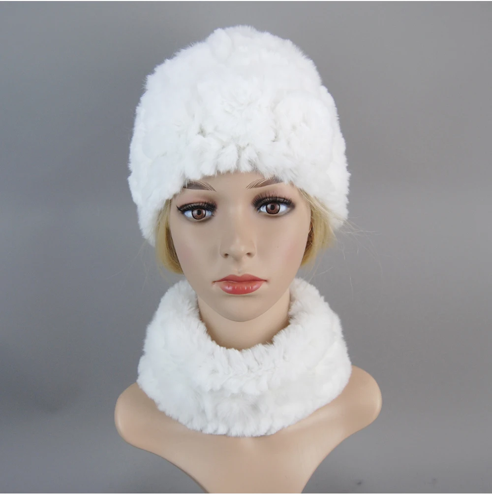 Women Knit Real Rex Rabbit Fur Hat Scarf Sets Natural Warm Rex Rabbit Fur Scarves Hat Winter Lady Real Rex Rabbit Fur Hat Scarf