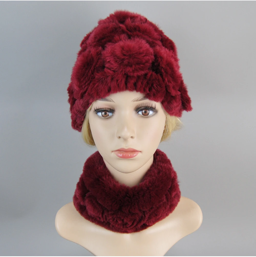 Women Knit Real Rex Rabbit Fur Hat Scarf Sets Natural Warm Rex Rabbit Fur Scarves Hat Winter Lady Real Rex Rabbit Fur Hat Scarf