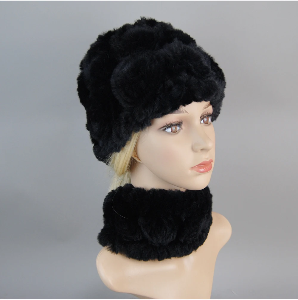Women Knit Real Rex Rabbit Fur Hat Scarf Sets Natural Warm Rex Rabbit Fur Scarves Hat Winter Lady Real Rex Rabbit Fur Hat Scarf