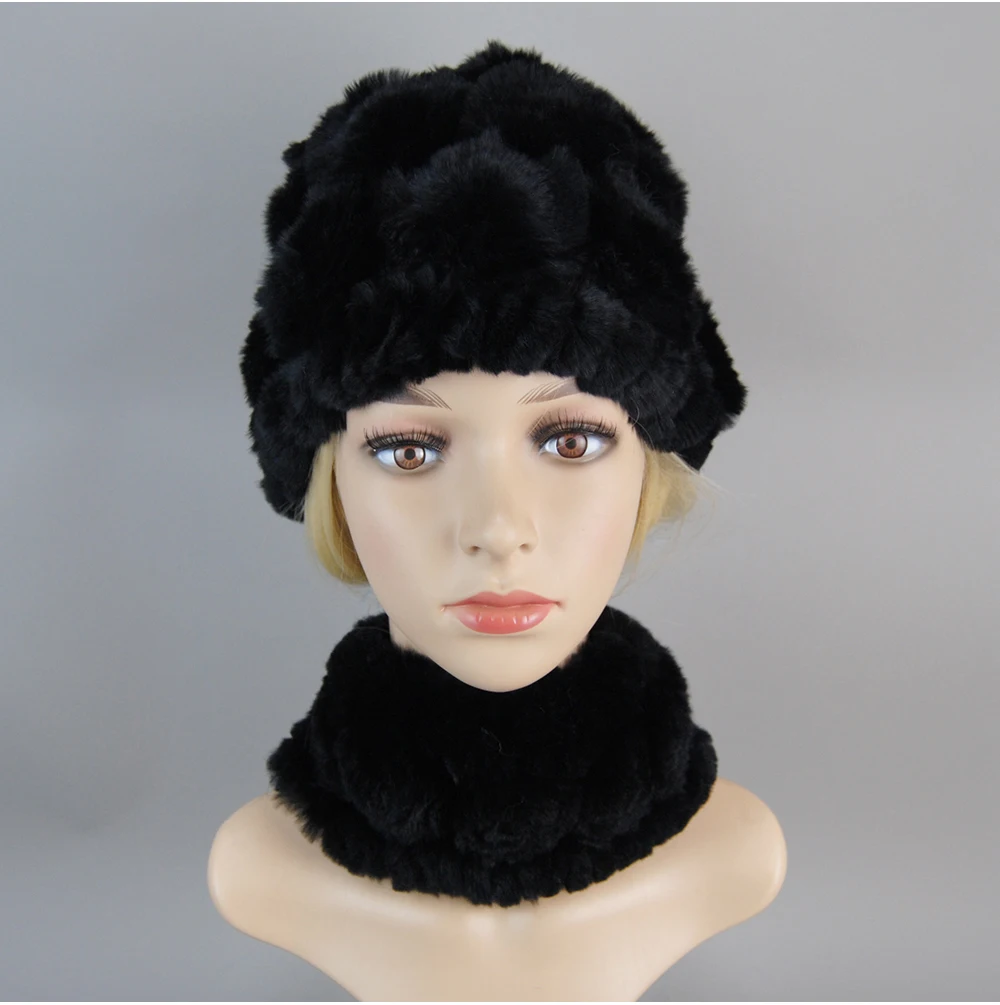Women Knit Real Rex Rabbit Fur Hat Scarf Sets Natural Warm Rex Rabbit Fur Scarves Hat Winter Lady Real Rex Rabbit Fur Hat Scarf