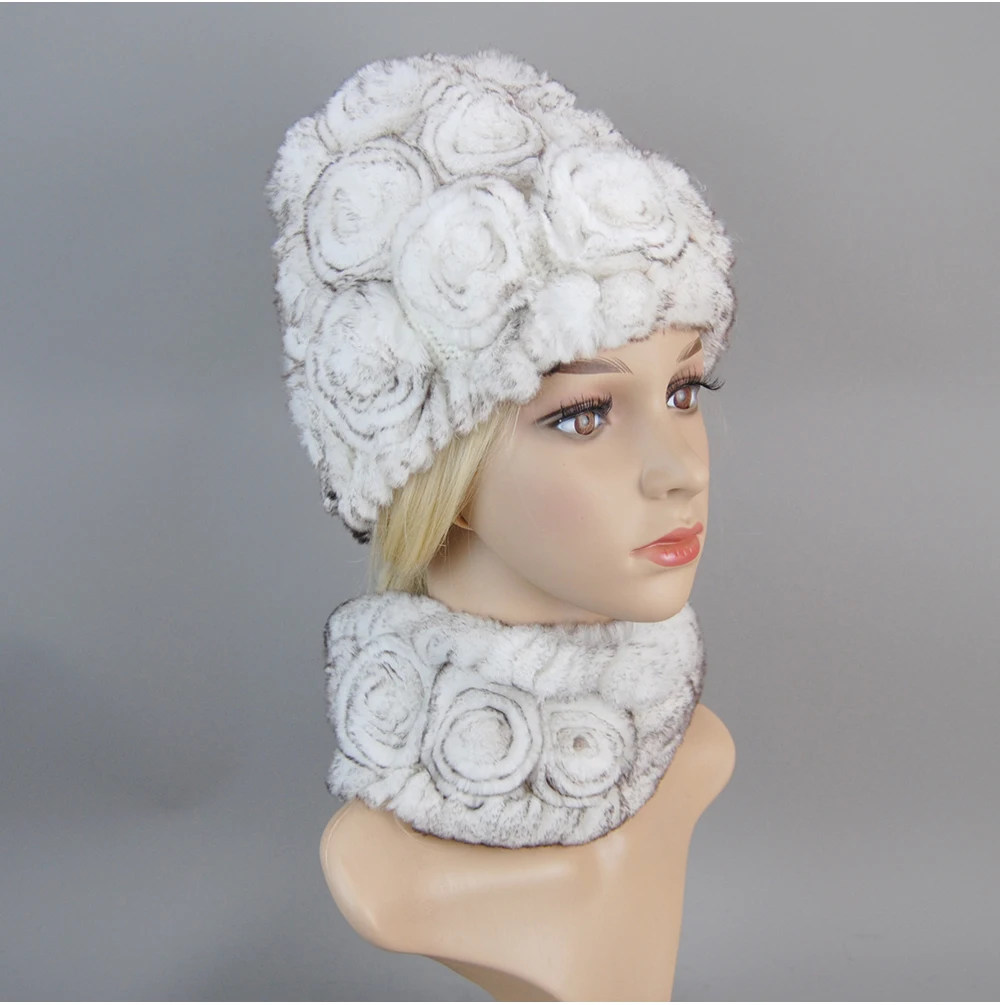 Women Knit Real Rex Rabbit Fur Hat Scarf Sets Natural Warm Rex Rabbit Fur Scarves Hat Winter Lady Real Rex Rabbit Fur Hat Scarf