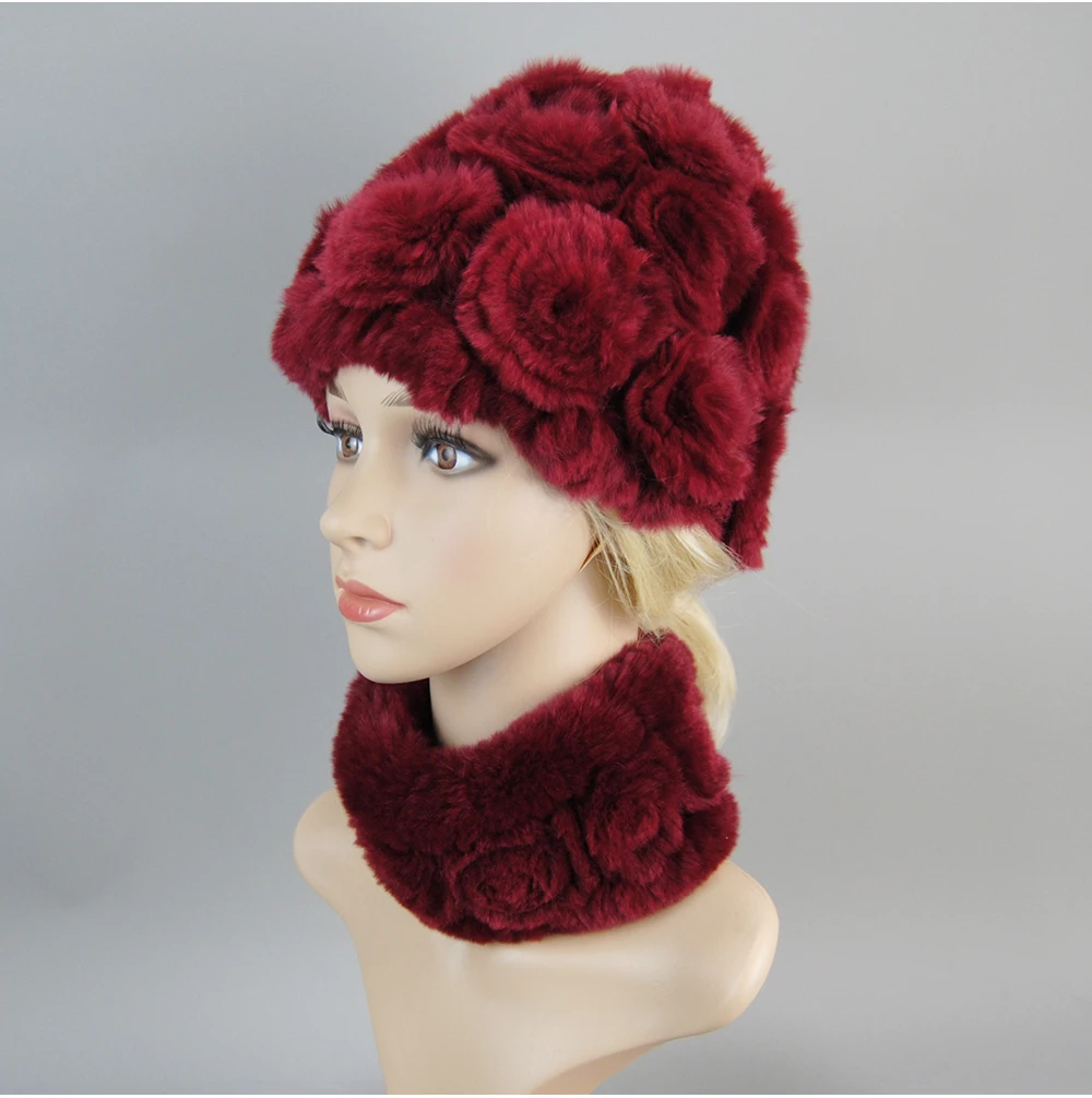 Women Knit Real Rex Rabbit Fur Hat Scarf Sets Natural Warm Rex Rabbit Fur Scarves Hat Winter Lady Real Rex Rabbit Fur Hat Scarf