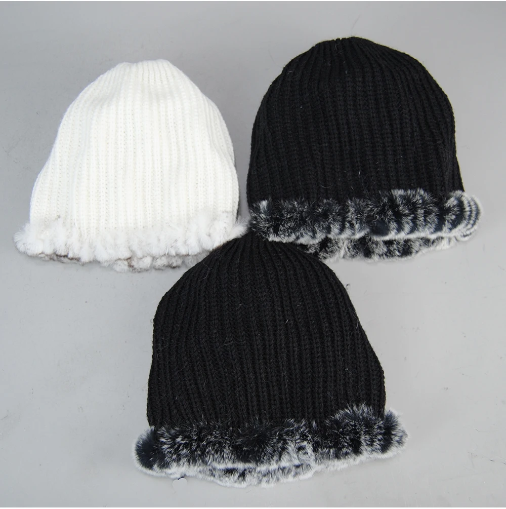 Women Knit Real Rex Rabbit Fur Hat Scarf Sets Natural Warm Rex Rabbit Fur Scarves Hat Winter Lady Real Rex Rabbit Fur Hat Scarf