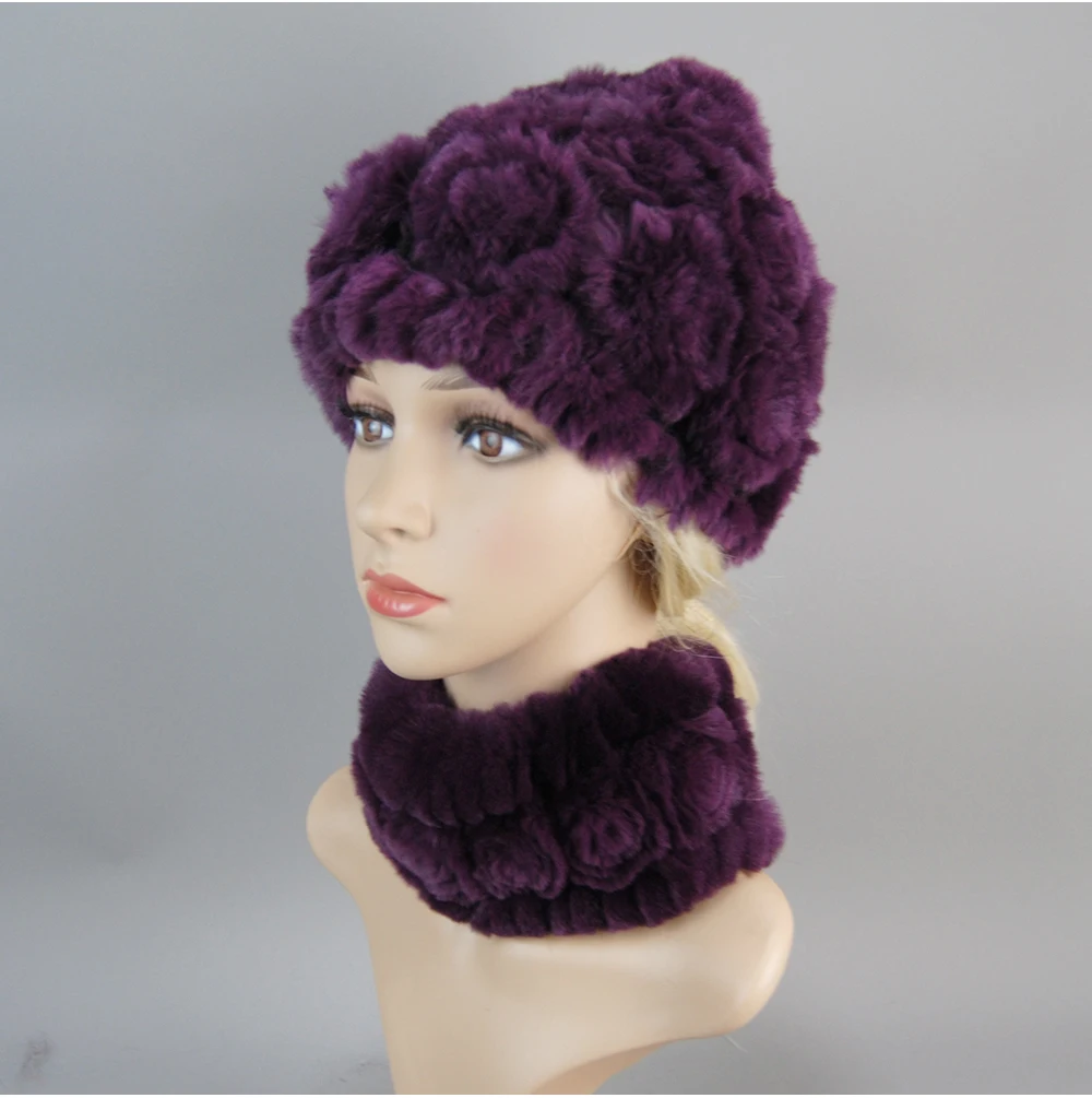 Women Knit Real Rex Rabbit Fur Hat Scarf Sets Natural Warm Rex Rabbit Fur Scarves Hat Winter Lady Real Rex Rabbit Fur Hat Scarf