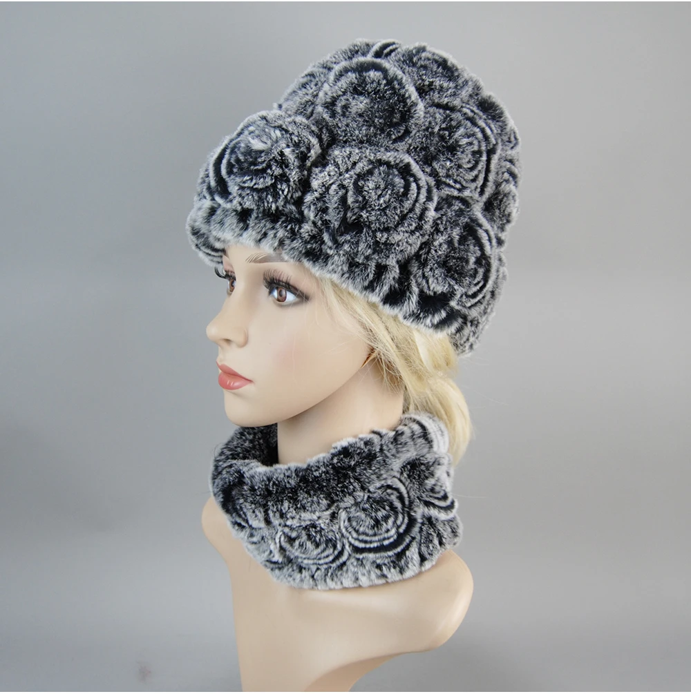 Women Knit Real Rex Rabbit Fur Hat Scarf Sets Natural Warm Rex Rabbit Fur Scarves Hat Winter Lady Real Rex Rabbit Fur Hat Scarf