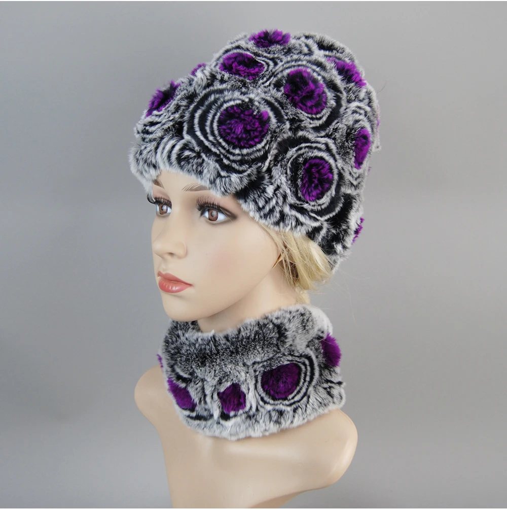 Women Knit Real Rex Rabbit Fur Hat Scarf Sets Natural Warm Rex Rabbit Fur Scarves Hat Winter Lady Real Rex Rabbit Fur Hat Scarf