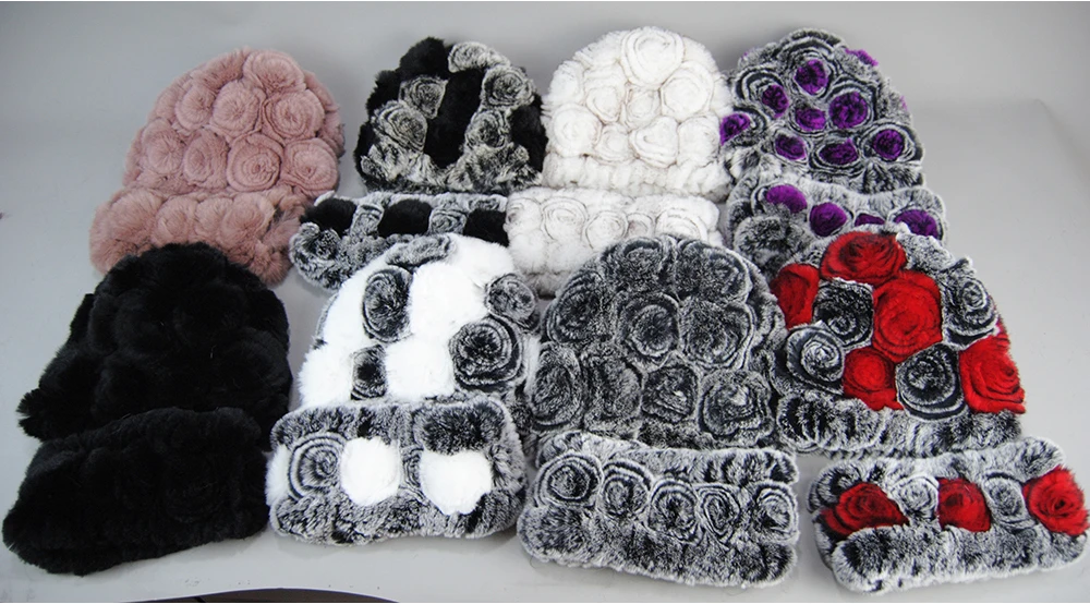 Women Knit Real Rex Rabbit Fur Hat Scarf Sets Natural Warm Rex Rabbit Fur Scarves Hat Winter Lady Real Rex Rabbit Fur Hat Scarf