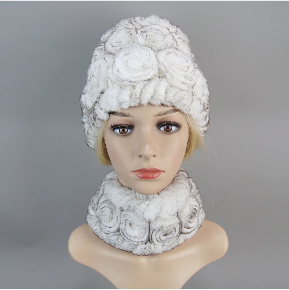 Women Knit Real Rex Rabbit Fur Hat Scarf Sets Natural Warm Rex Rabbit Fur Scarves Hat Winter Lady Real Rex Rabbit Fur Hat Scarf