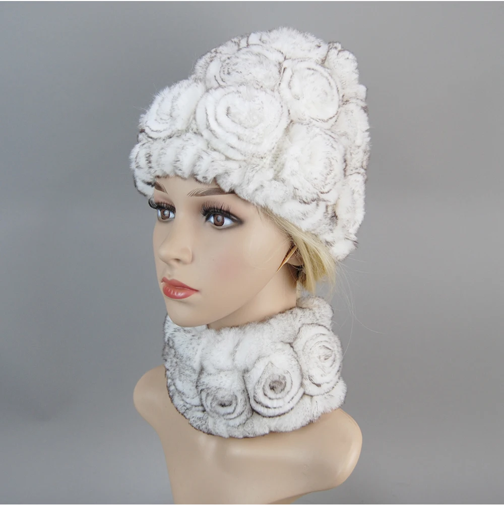 Women Knit Real Rex Rabbit Fur Hat Scarf Sets Natural Warm Rex Rabbit Fur Scarves Hat Winter Lady Real Rex Rabbit Fur Hat Scarf