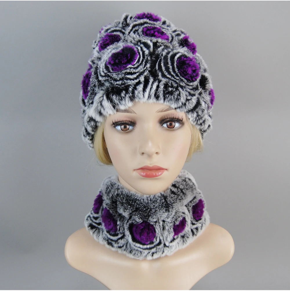 Women Knit Real Rex Rabbit Fur Hat Scarf Sets Natural Warm Rex Rabbit Fur Scarves Hat Winter Lady Real Rex Rabbit Fur Hat Scarf