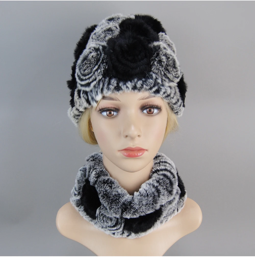 Women Knit Real Rex Rabbit Fur Hat Scarf Sets Natural Warm Rex Rabbit Fur Scarves Hat Winter Lady Real Rex Rabbit Fur Hat Scarf