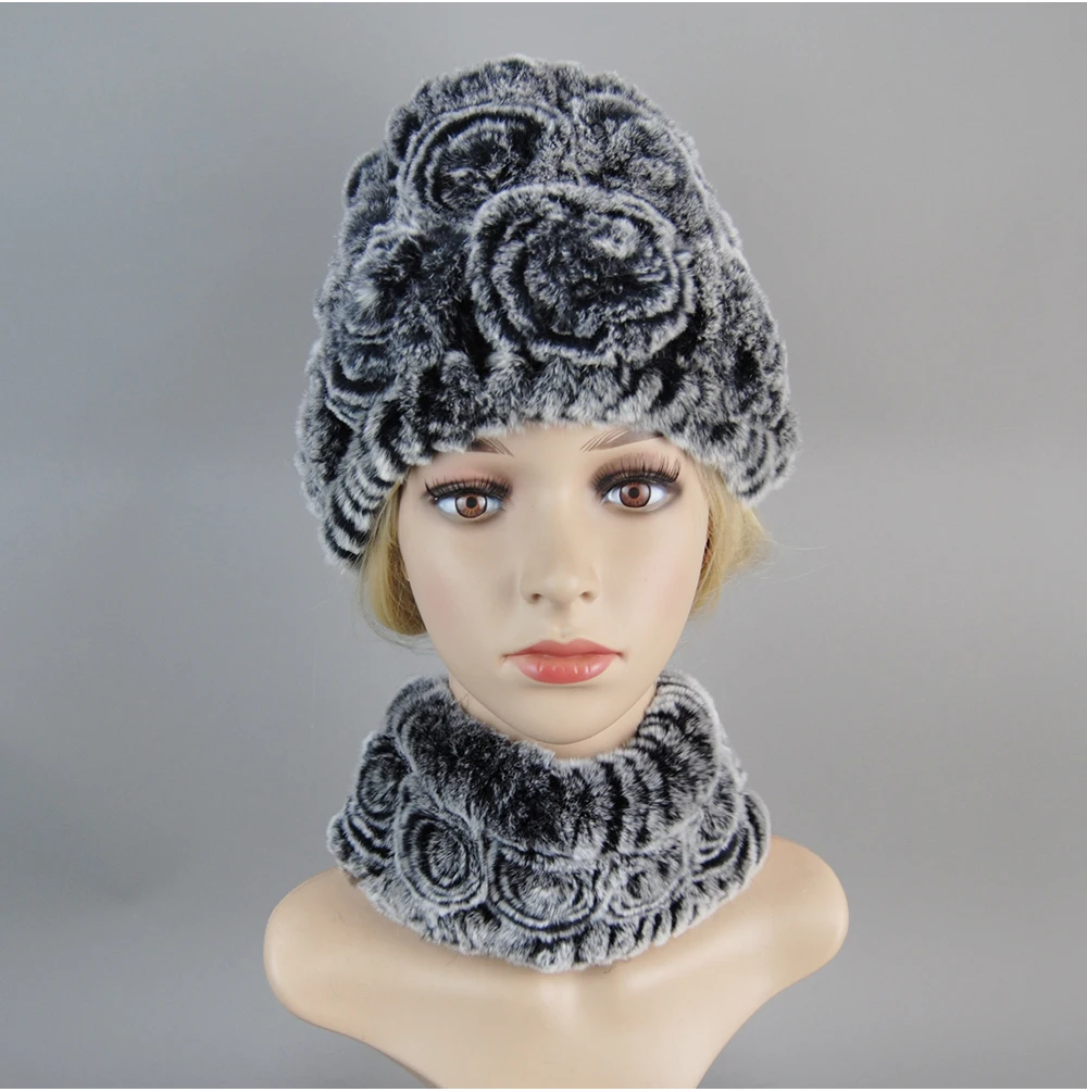 Women Knit Real Rex Rabbit Fur Hat Scarf Sets Natural Warm Rex Rabbit Fur Scarves Hat Winter Lady Real Rex Rabbit Fur Hat Scarf