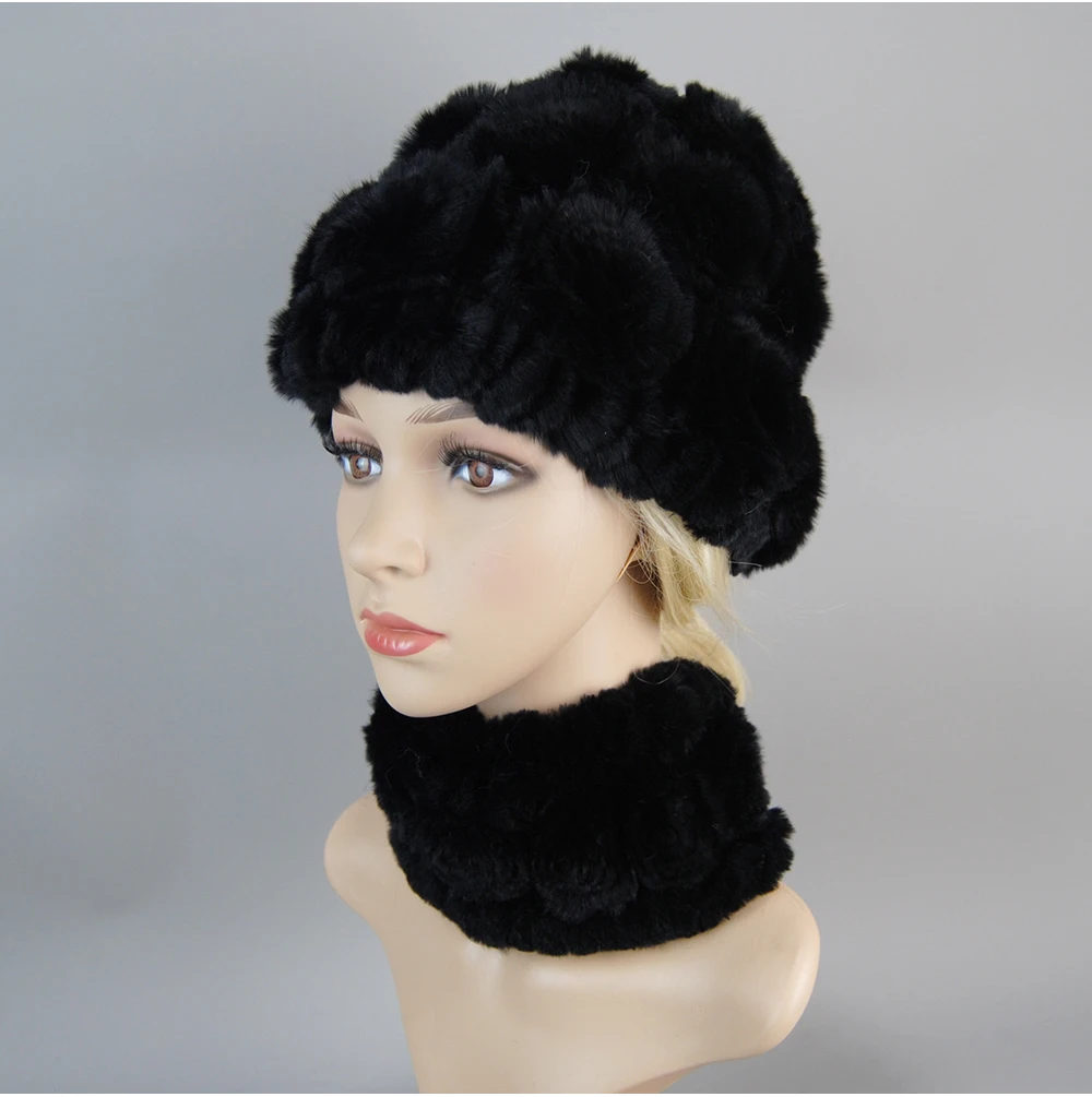 Women Knit Real Rex Rabbit Fur Hat Scarf Sets Natural Warm Rex Rabbit Fur Scarves Hat Winter Lady Real Rex Rabbit Fur Hat Scarf
