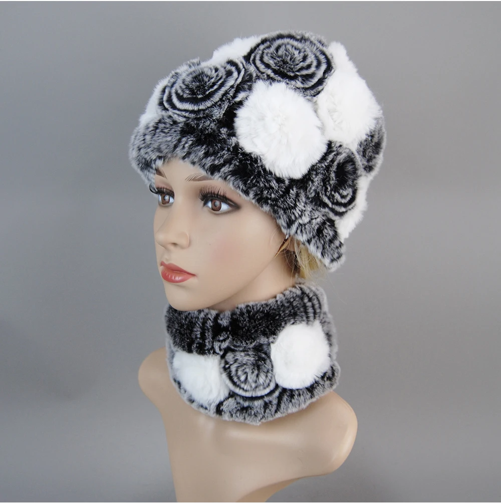 Women Knit Real Rex Rabbit Fur Hat Scarf Sets Natural Warm Rex Rabbit Fur Scarves Hat Winter Lady Real Rex Rabbit Fur Hat Scarf