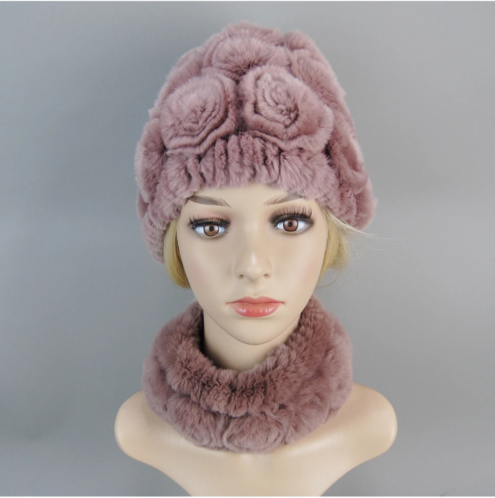 Women Knit Real Rex Rabbit Fur Hat Scarf Sets Natural Warm Rex Rabbit Fur Scarves Hat Winter Lady Real Rex Rabbit Fur Hat Scarf