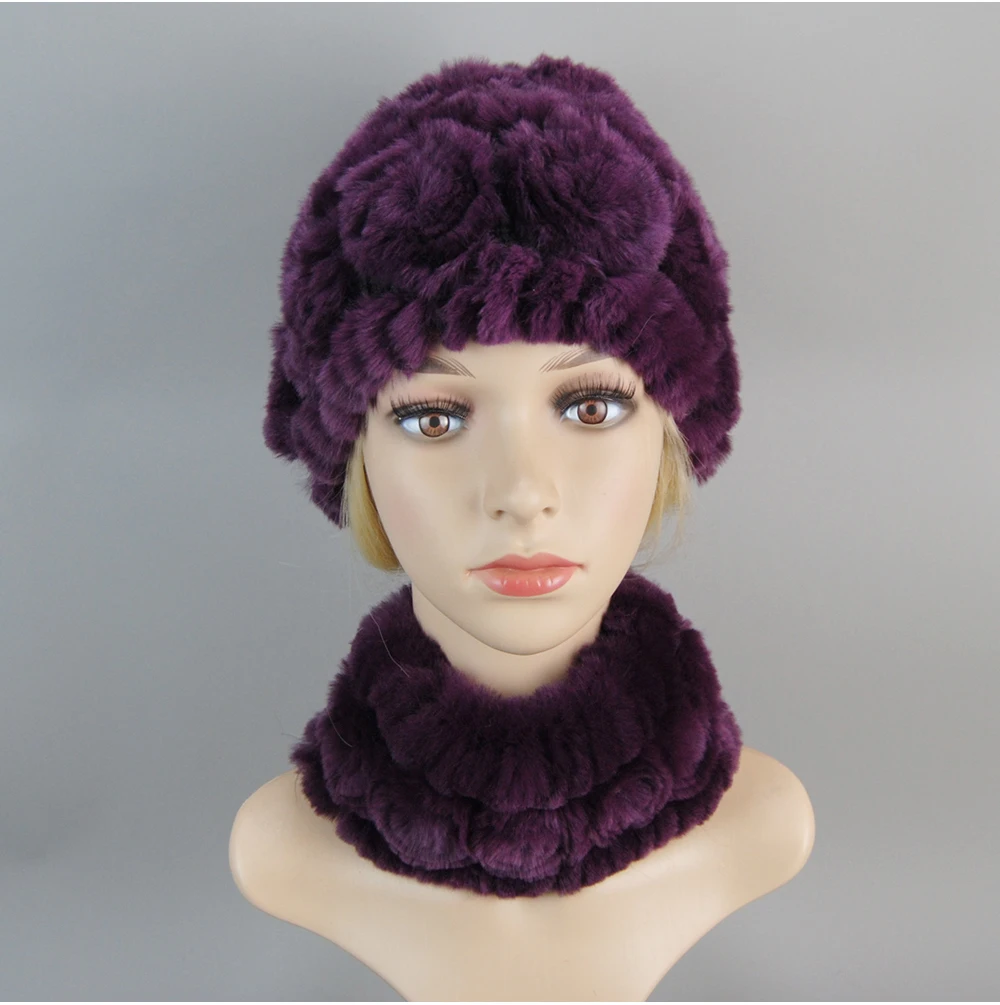 Women Knit Real Rex Rabbit Fur Hat Scarf Sets Natural Warm Rex Rabbit Fur Scarves Hat Winter Lady Real Rex Rabbit Fur Hat Scarf