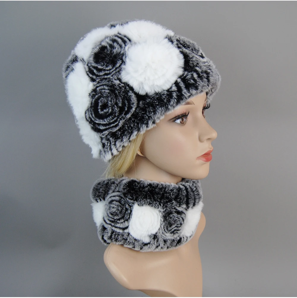 Women Knit Real Rex Rabbit Fur Hat Scarf Sets Natural Warm Rex Rabbit Fur Scarves Hat Winter Lady Real Rex Rabbit Fur Hat Scarf