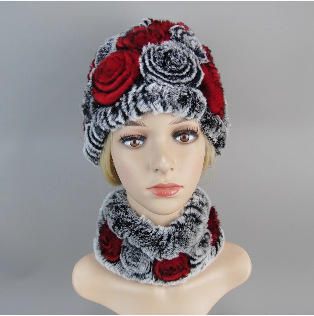 Women Knit Real Rex Rabbit Fur Hat Scarf Sets Natural Warm Rex Rabbit Fur Scarves Hat Winter Lady Real Rex Rabbit Fur Hat Scarf
