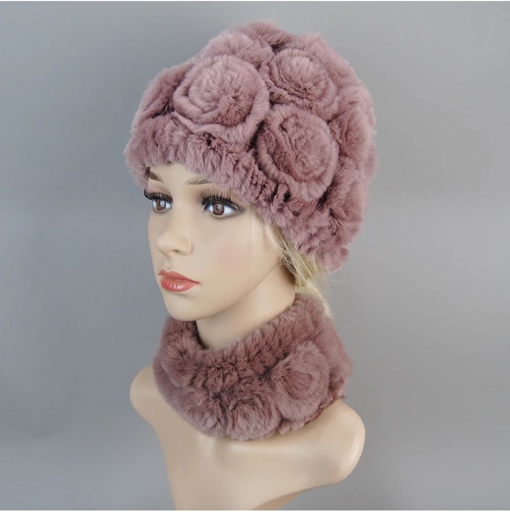Women Knit Real Rex Rabbit Fur Hat Scarf Sets Natural Warm Rex Rabbit Fur Scarves Hat Winter Lady Real Rex Rabbit Fur Hat Scarf