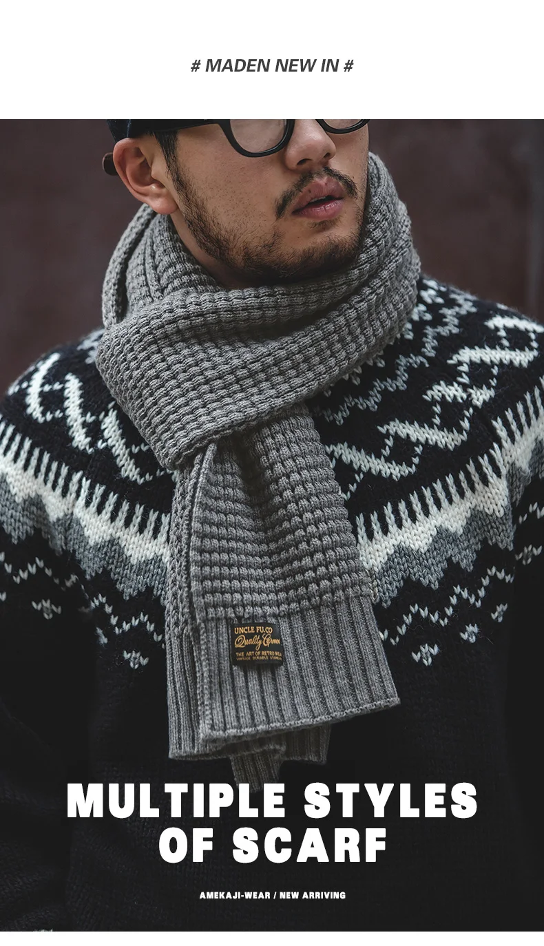 Maden Knitted Winter Scarf Men Striped Cotton Scarf Male Brand Shawl Wrap Knit Cashmere Bufandas Long Scarves