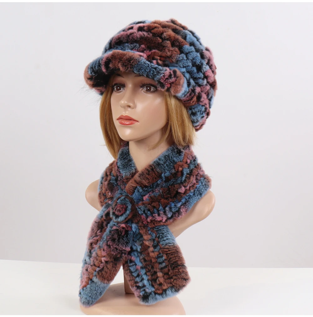 New Women Winter Knit Real Rex Rabbit Fur Hat Scarf Sets Natural Warm Fur Cap Scarves 2 Pieces Girl Quality Real Fur Hat Muffler