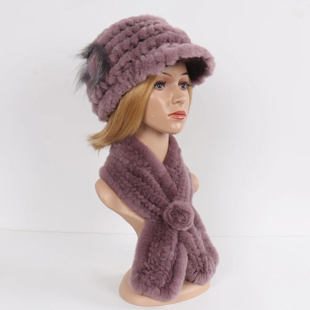New Women Winter Knit Real Rex Rabbit Fur Hat Scarf Sets Natural Warm Fur Cap Scarves 2 Pieces Girl Quality Real Fur Hat Muffler