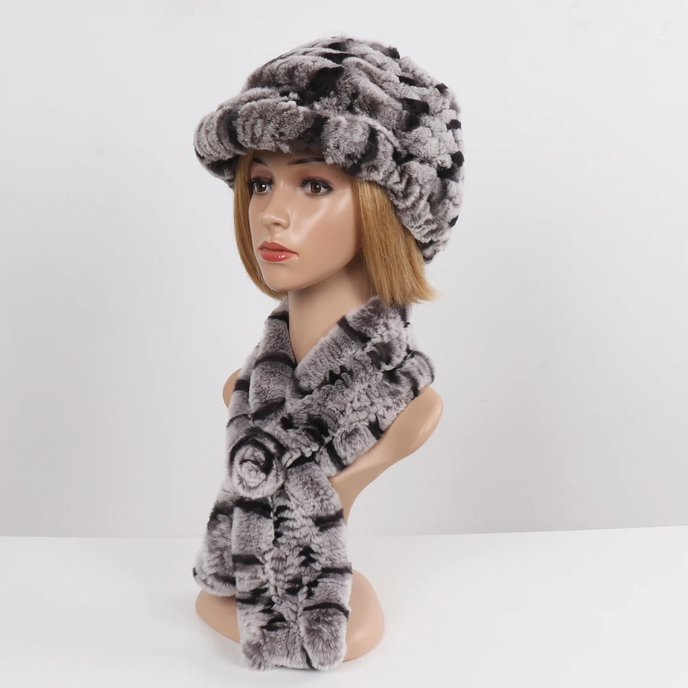 New Women Winter Knit Real Rex Rabbit Fur Hat Scarf Sets Natural Warm Fur Cap Scarves 2 Pieces Girl Quality Real Fur Hat Muffler