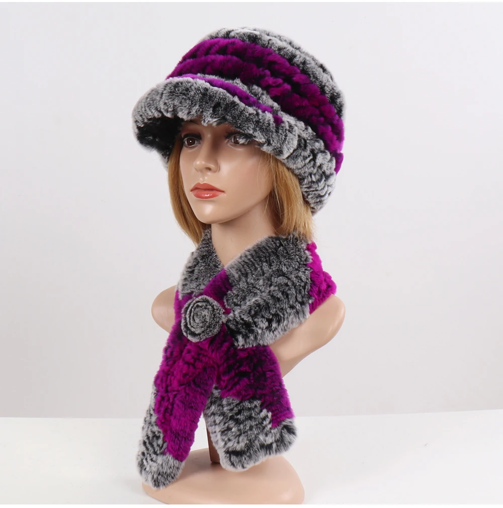 New Women Winter Knit Real Rex Rabbit Fur Hat Scarf Sets Natural Warm Fur Cap Scarves 2 Pieces Girl Quality Real Fur Hat Muffler