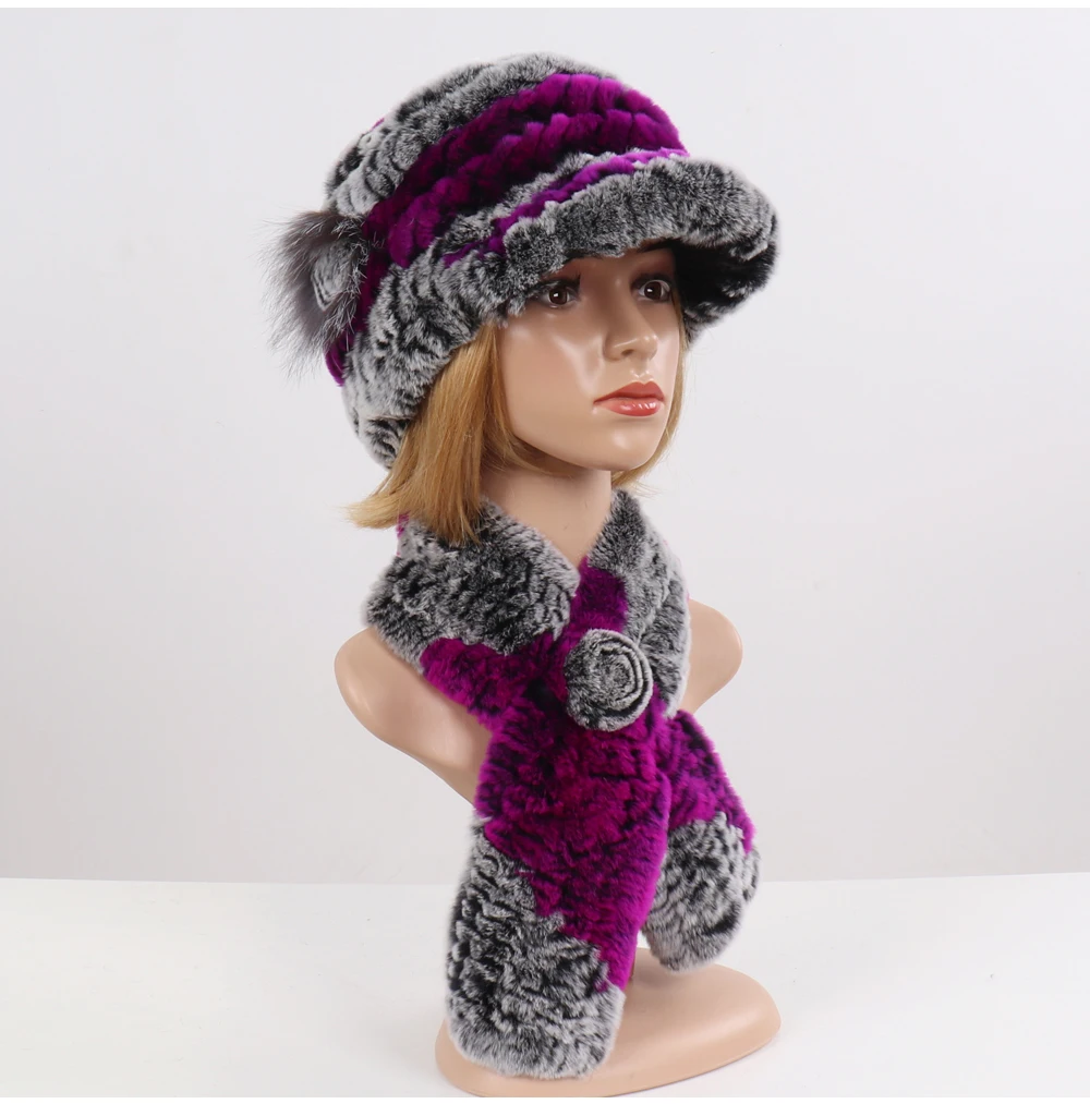New Women Winter Knit Real Rex Rabbit Fur Hat Scarf Sets Natural Warm Fur Cap Scarves 2 Pieces Girl Quality Real Fur Hat Muffler