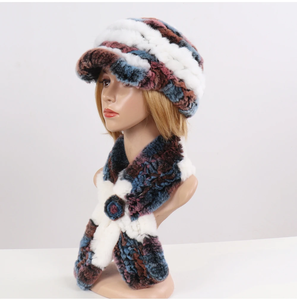 New Women Winter Knit Real Rex Rabbit Fur Hat Scarf Sets Natural Warm Fur Cap Scarves 2 Pieces Girl Quality Real Fur Hat Muffler