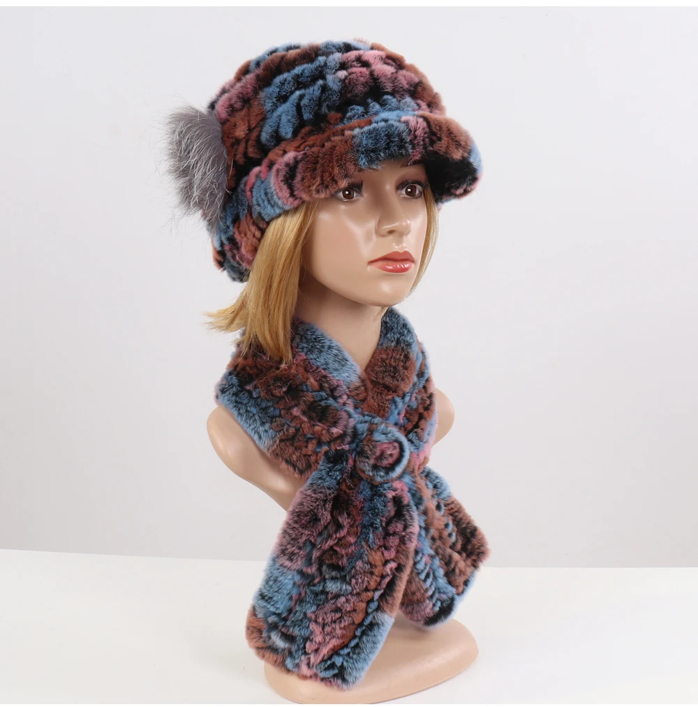 New Women Winter Knit Real Rex Rabbit Fur Hat Scarf Sets Natural Warm Fur Cap Scarves 2 Pieces Girl Quality Real Fur Hat Muffler