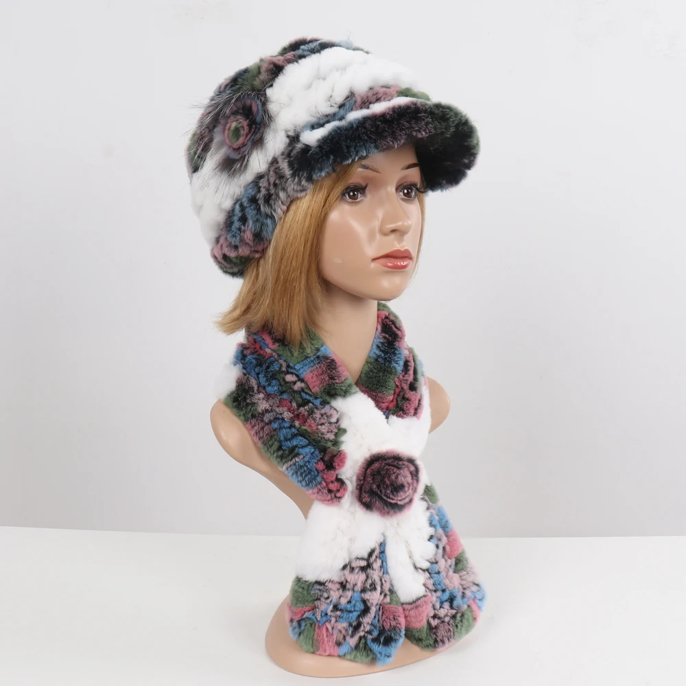 New Women Winter Knit Real Rex Rabbit Fur Hat Scarf Sets Natural Warm Fur Cap Scarves 2 Pieces Girl Quality Real Fur Hat Muffler