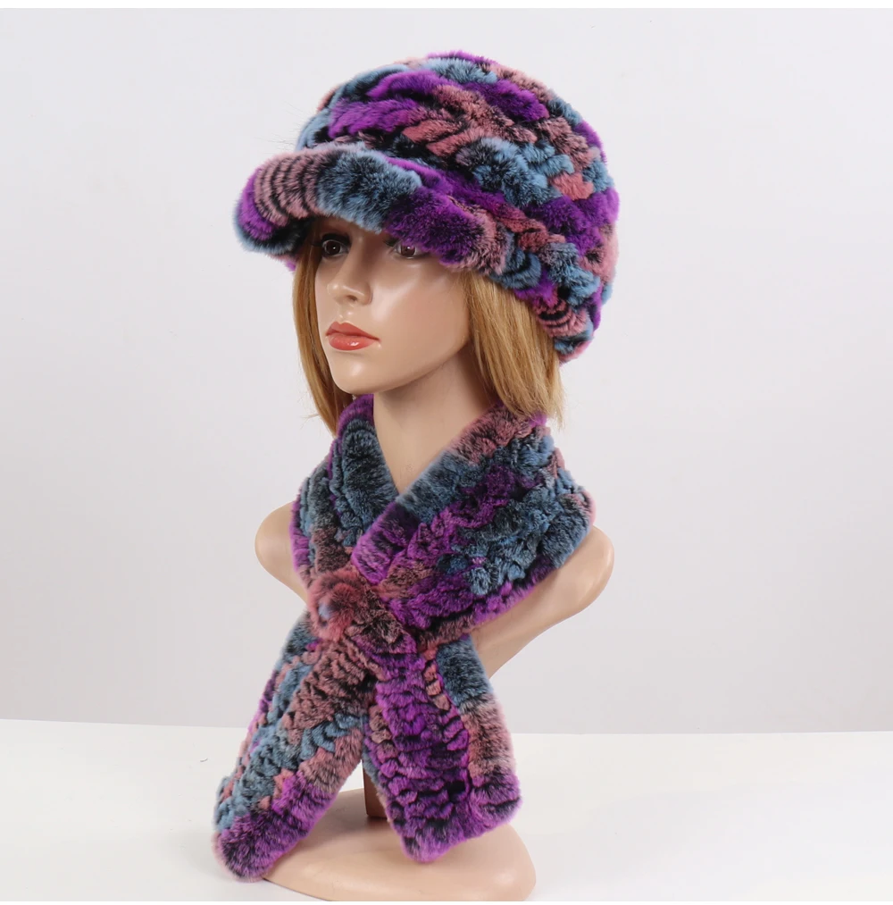 New Women Winter Knit Real Rex Rabbit Fur Hat Scarf Sets Natural Warm Fur Cap Scarves 2 Pieces Girl Quality Real Fur Hat Muffler
