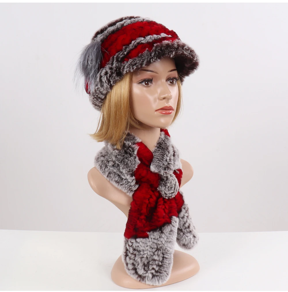 New Women Winter Knit Real Rex Rabbit Fur Hat Scarf Sets Natural Warm Fur Cap Scarves 2 Pieces Girl Quality Real Fur Hat Muffler