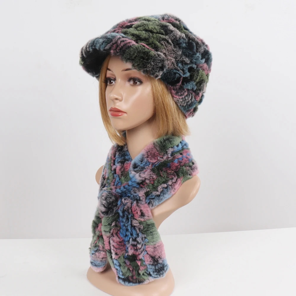 New Women Winter Knit Real Rex Rabbit Fur Hat Scarf Sets Natural Warm Fur Cap Scarves 2 Pieces Girl Quality Real Fur Hat Muffler