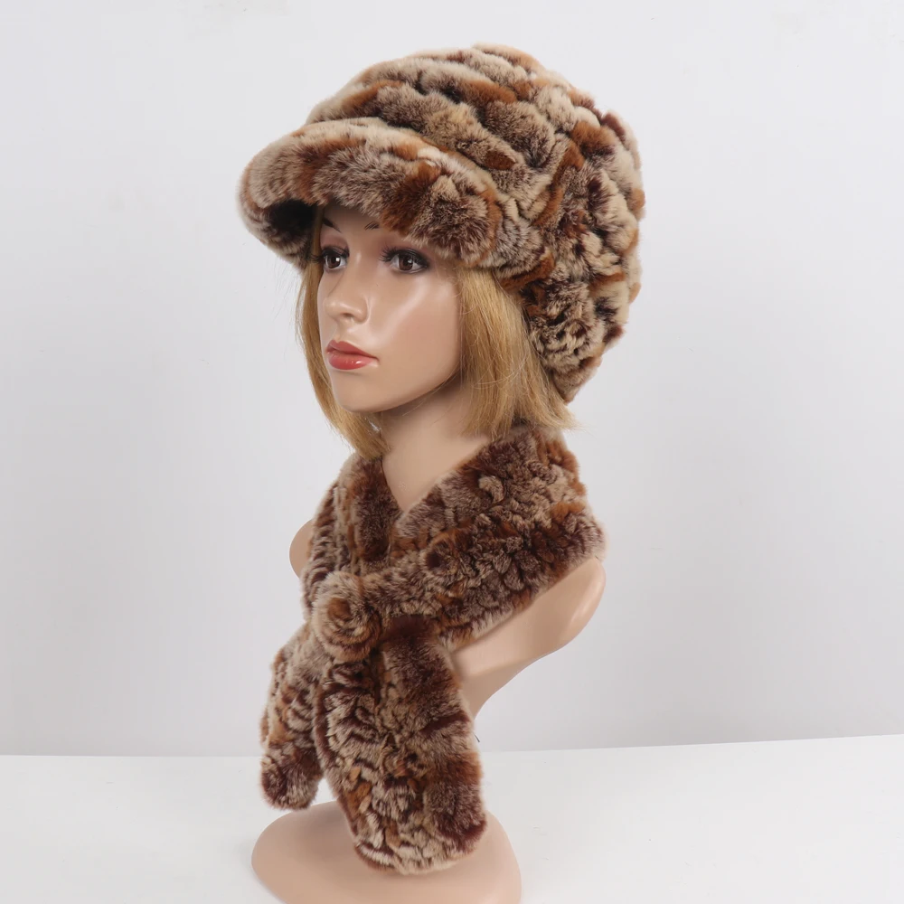 New Women Winter Knit Real Rex Rabbit Fur Hat Scarf Sets Natural Warm Fur Cap Scarves 2 Pieces Girl Quality Real Fur Hat Muffler