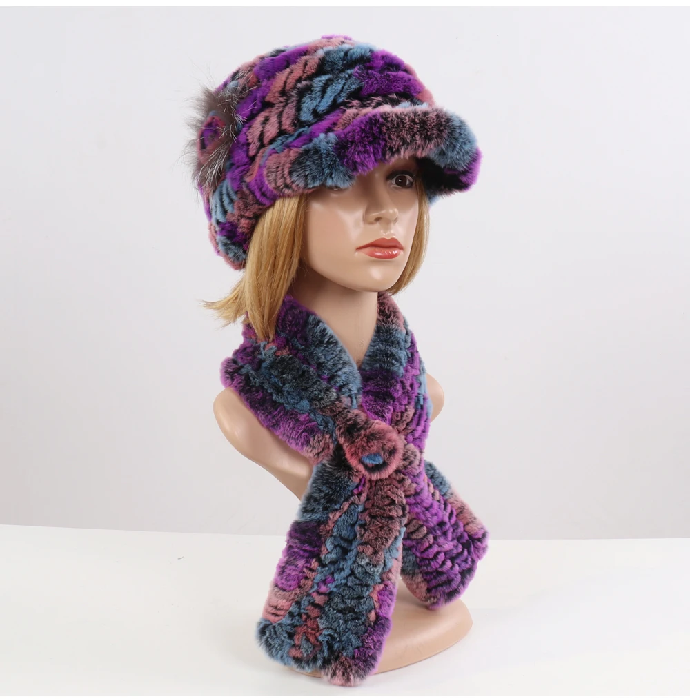 New Women Winter Knit Real Rex Rabbit Fur Hat Scarf Sets Natural Warm Fur Cap Scarves 2 Pieces Girl Quality Real Fur Hat Muffler