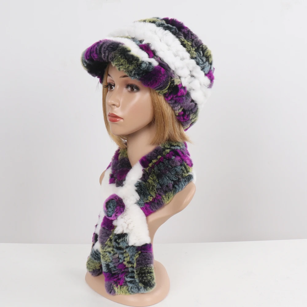 New Women Winter Knit Real Rex Rabbit Fur Hat Scarf Sets Natural Warm Fur Cap Scarves 2 Pieces Girl Quality Real Fur Hat Muffler