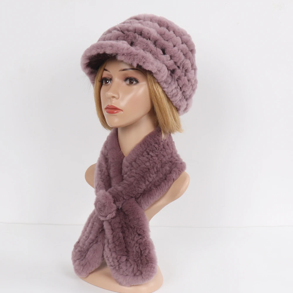 New Women Winter Knit Real Rex Rabbit Fur Hat Scarf Sets Natural Warm Fur Cap Scarves 2 Pieces Girl Quality Real Fur Hat Muffler