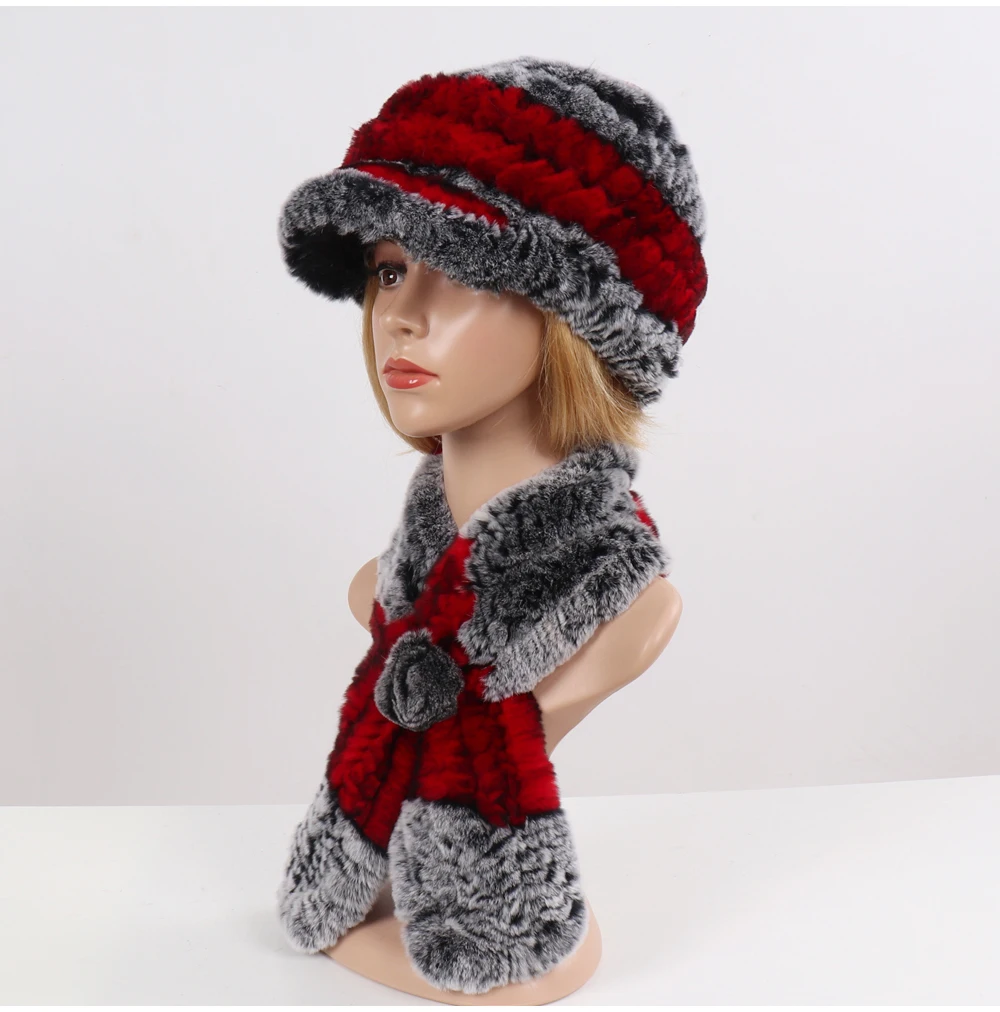 New Women Winter Knit Real Rex Rabbit Fur Hat Scarf Sets Natural Warm Fur Cap Scarves 2 Pieces Girl Quality Real Fur Hat Muffler