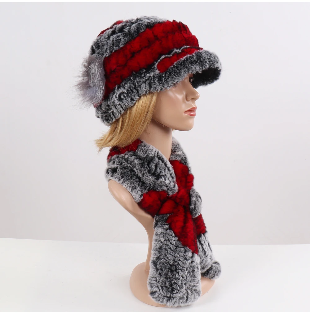 New Women Winter Knit Real Rex Rabbit Fur Hat Scarf Sets Natural Warm Fur Cap Scarves 2 Pieces Girl Quality Real Fur Hat Muffler