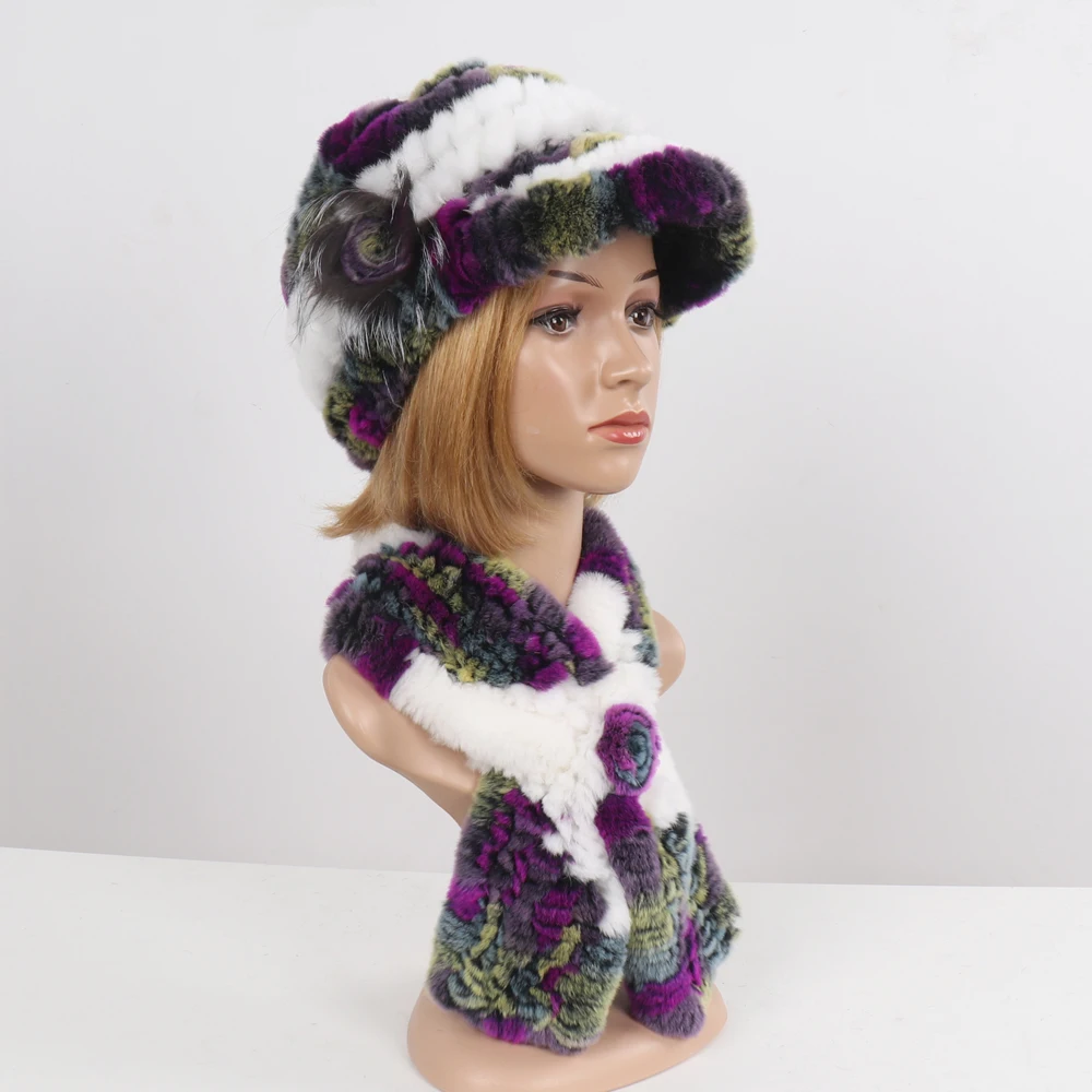 New Women Winter Knit Real Rex Rabbit Fur Hat Scarf Sets Natural Warm Fur Cap Scarves 2 Pieces Girl Quality Real Fur Hat Muffler