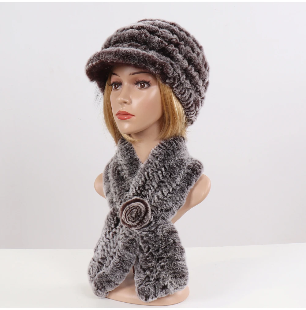 New Women Winter Knit Real Rex Rabbit Fur Hat Scarf Sets Natural Warm Fur Cap Scarves 2 Pieces Girl Quality Real Fur Hat Muffler