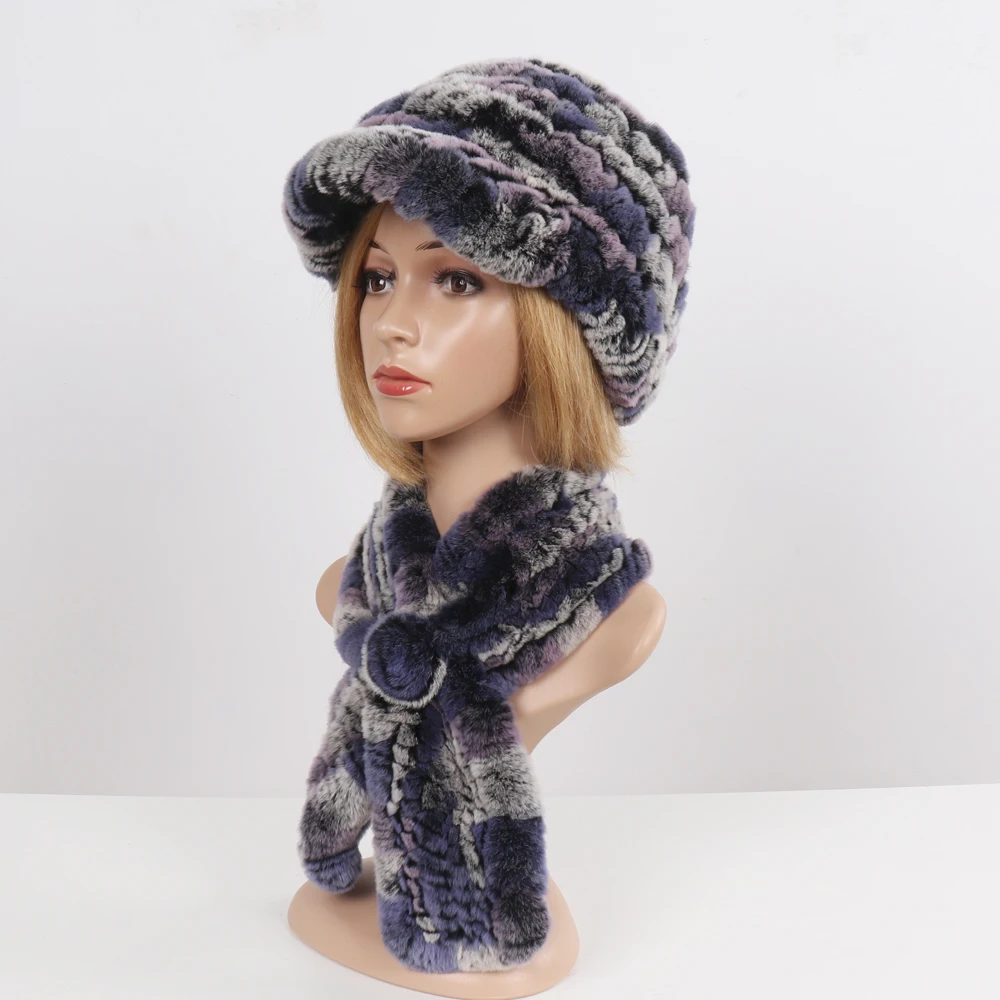 New Women Winter Knit Real Rex Rabbit Fur Hat Scarf Sets Natural Warm Fur Cap Scarves 2 Pieces Girl Quality Real Fur Hat Muffler