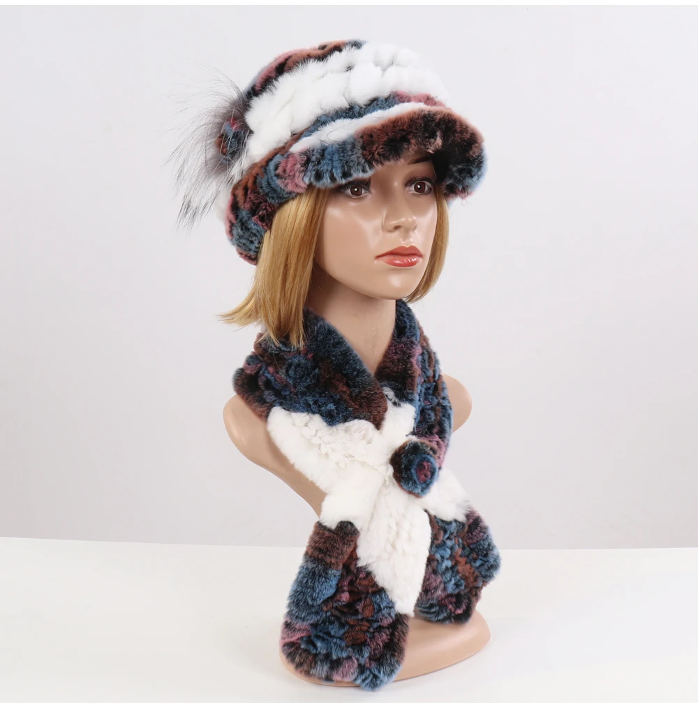 New Women Winter Knit Real Rex Rabbit Fur Hat Scarf Sets Natural Warm Fur Cap Scarves 2 Pieces Girl Quality Real Fur Hat Muffler