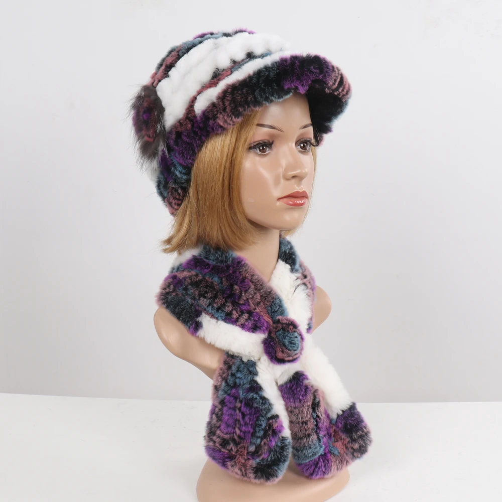 New Women Winter Knit Real Rex Rabbit Fur Hat Scarf Sets Natural Warm Fur Cap Scarves 2 Pieces Girl Quality Real Fur Hat Muffler