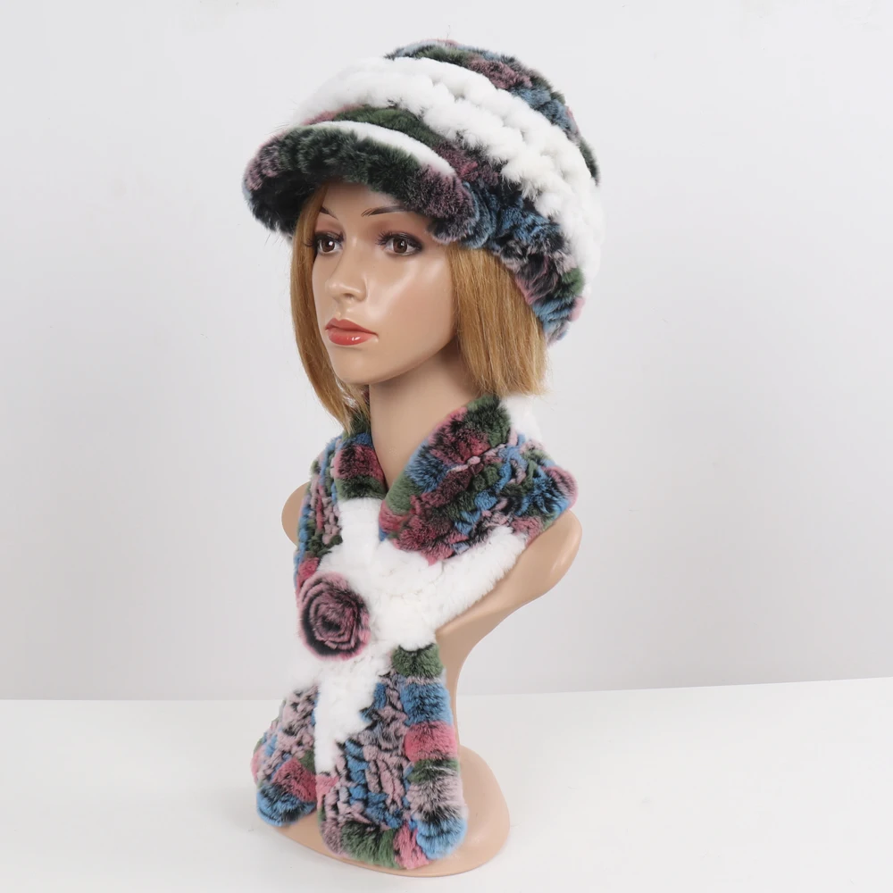 New Women Winter Knit Real Rex Rabbit Fur Hat Scarf Sets Natural Warm Fur Cap Scarves 2 Pieces Girl Quality Real Fur Hat Muffler