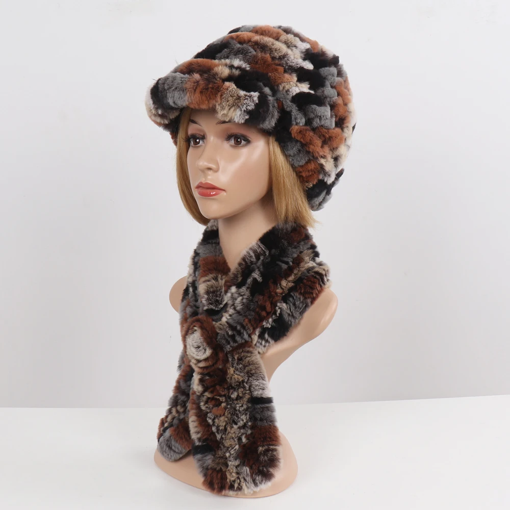 New Women Winter Knit Real Rex Rabbit Fur Hat Scarf Sets Natural Warm Fur Cap Scarves 2 Pieces Girl Quality Real Fur Hat Muffler